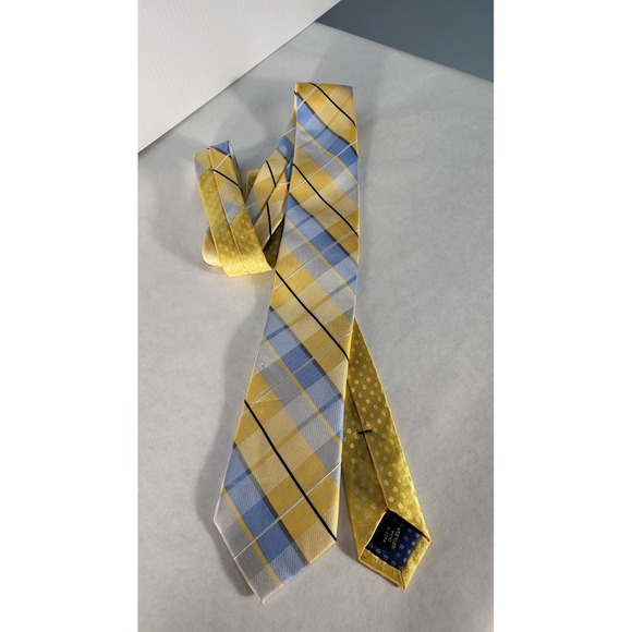 Vera Perry Portfolio Plaid‎ Necktie Yellow Blue Patterned Business Casual - Picture 1 of 5